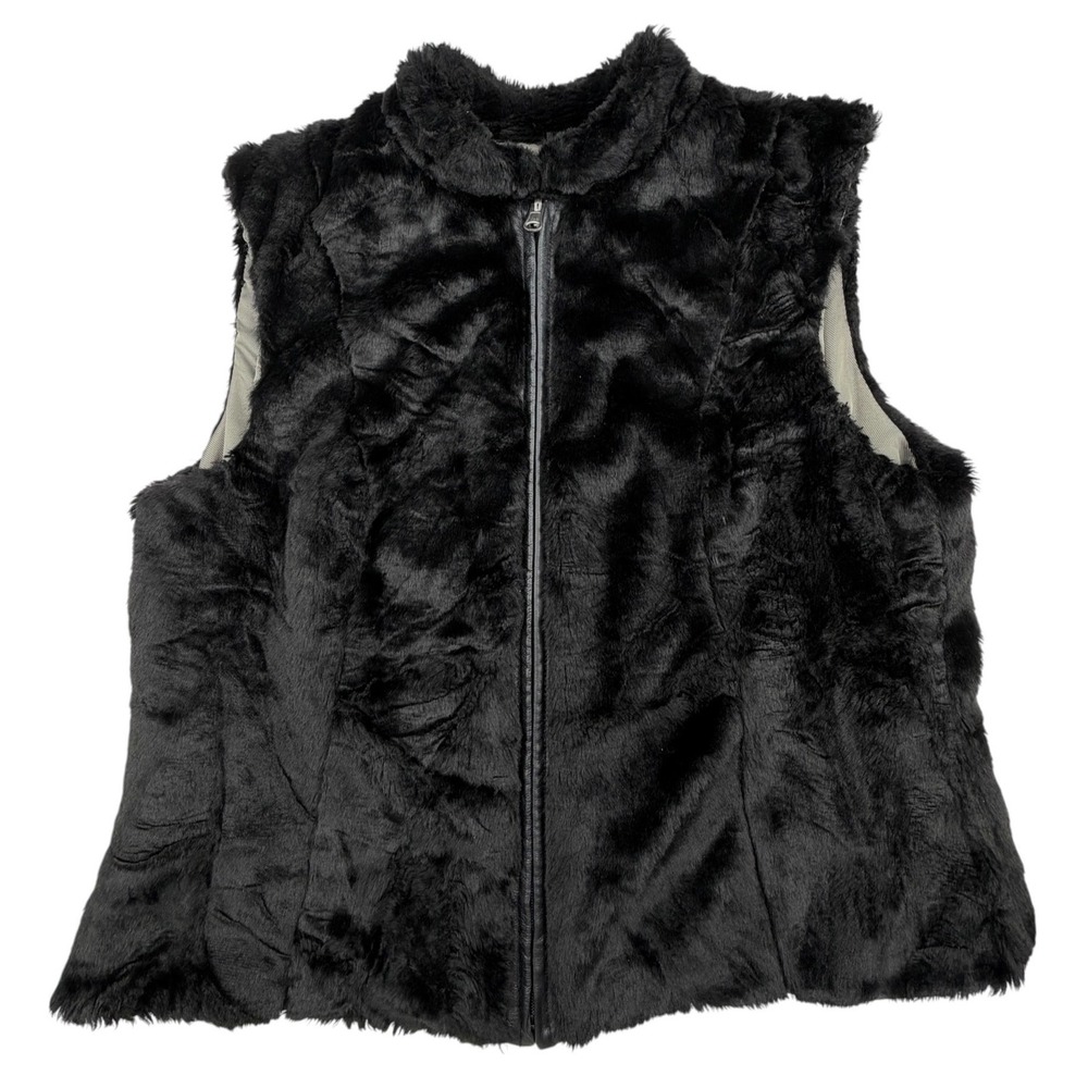 Colebrook Women's L Black Faux Fur Zip-Out Liner Vest Leather Trim Y2K